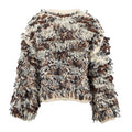 A cropped, long-sleeve knit sweater with a chunky, shaggy tangle texture in a marled mix of cream, brown, black, and gray, shown against a plain white background.