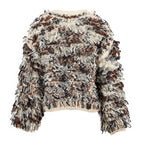 A cropped, long-sleeve knit sweater with a chunky, shaggy tangle texture in a marled mix of cream, brown, black, and gray, shown against a plain white background.