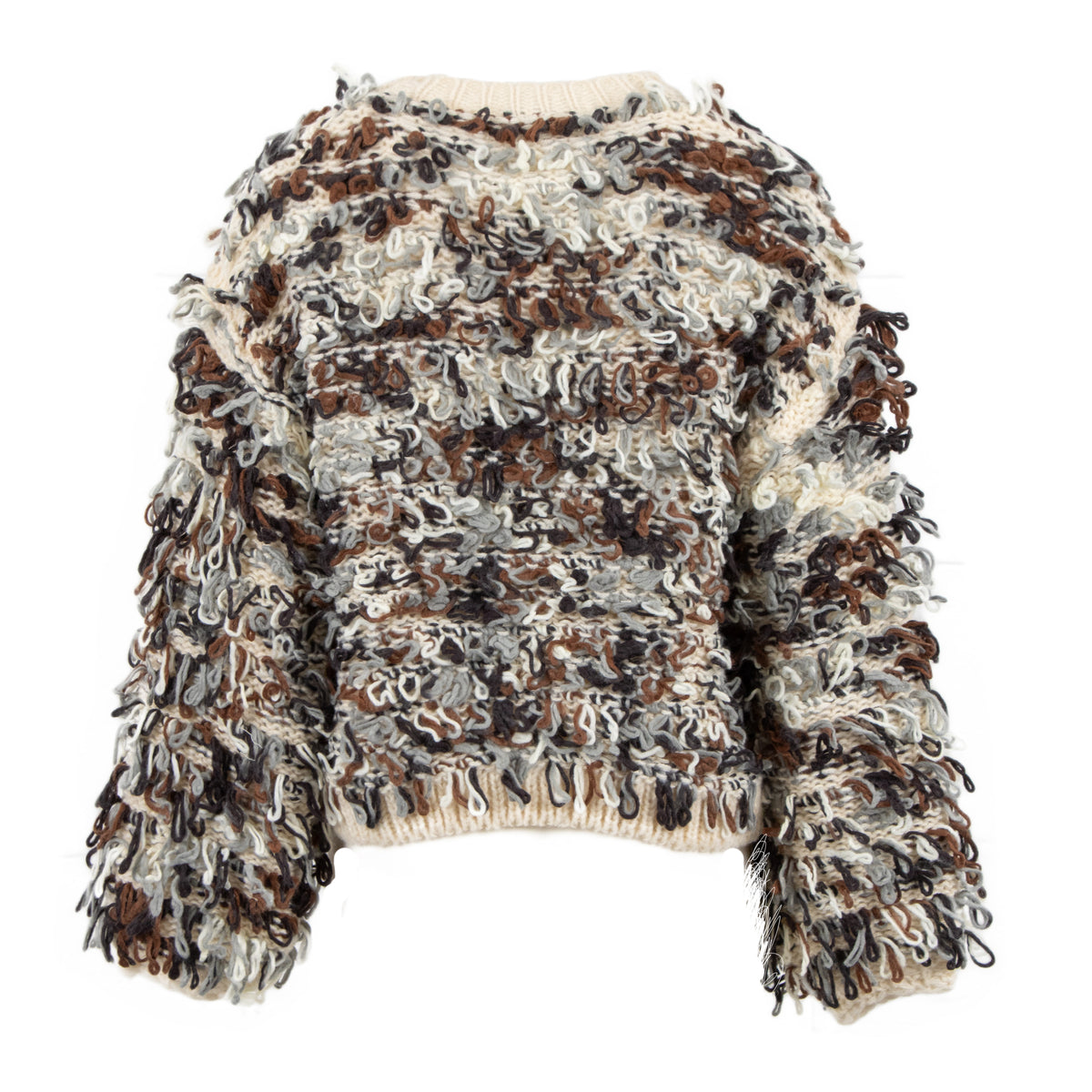 A cropped, long-sleeve knit sweater with a chunky, shaggy tangle texture in a marled mix of cream, brown, black, and gray, shown against a plain white background.