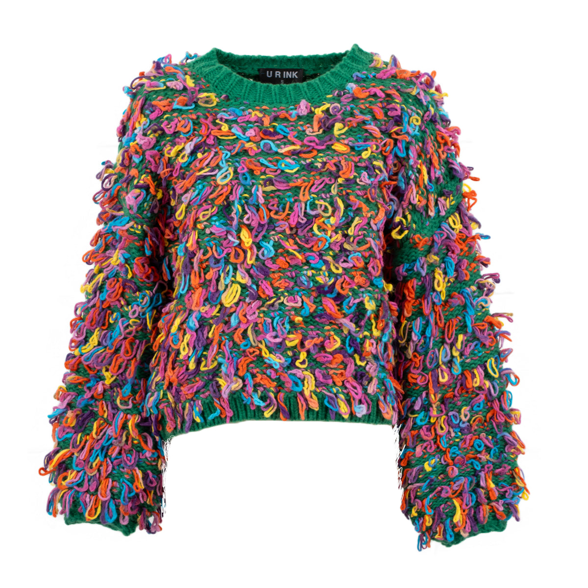 A green crewneck sweater covered in long, curly, multi-colored yarn loops, shown against a plain white background.