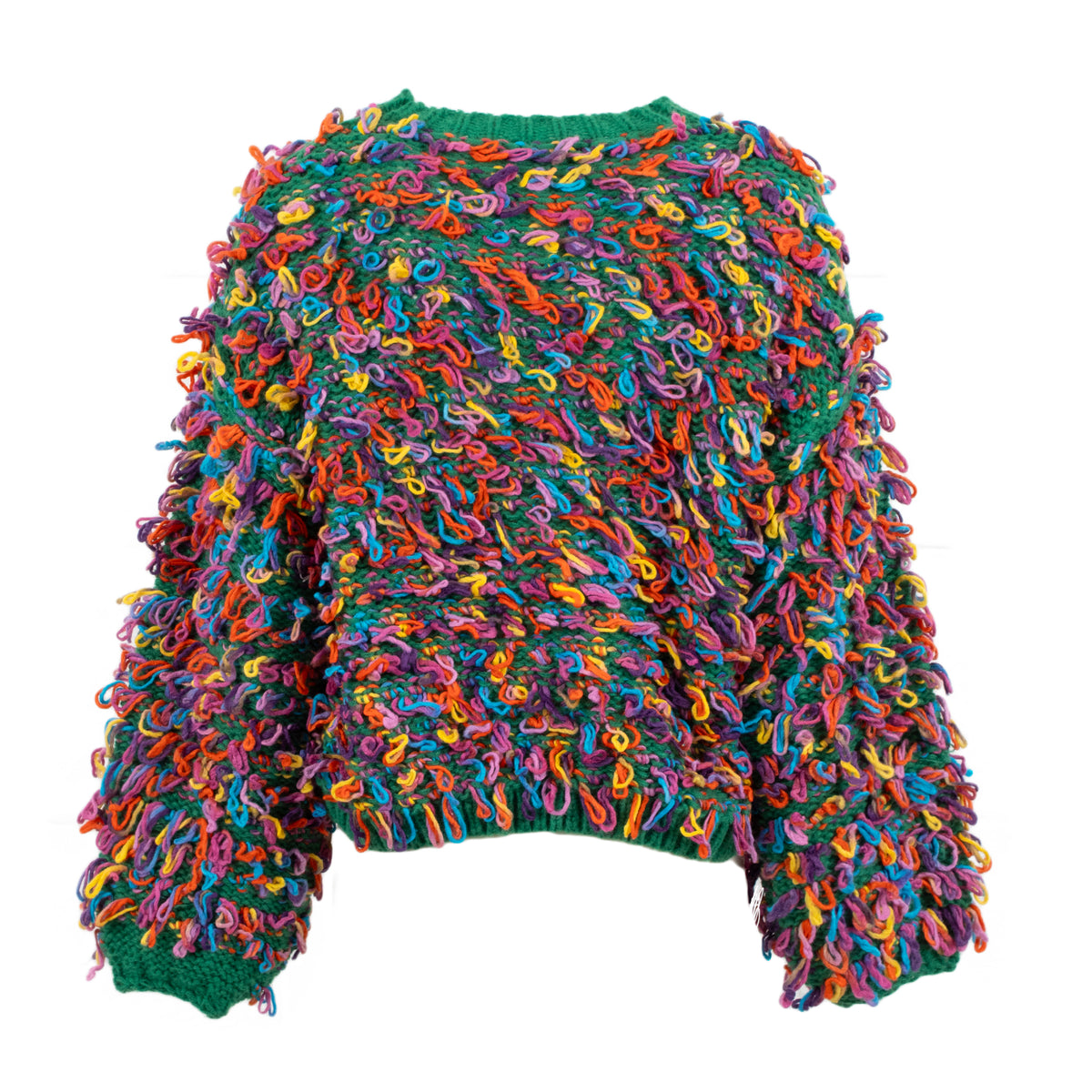 A vibrant, multicolored chunky knit sweater with long, curly yarn-like sleeves and a green ribbed crew neck, cuffs, and hem, shown against a plain white background.