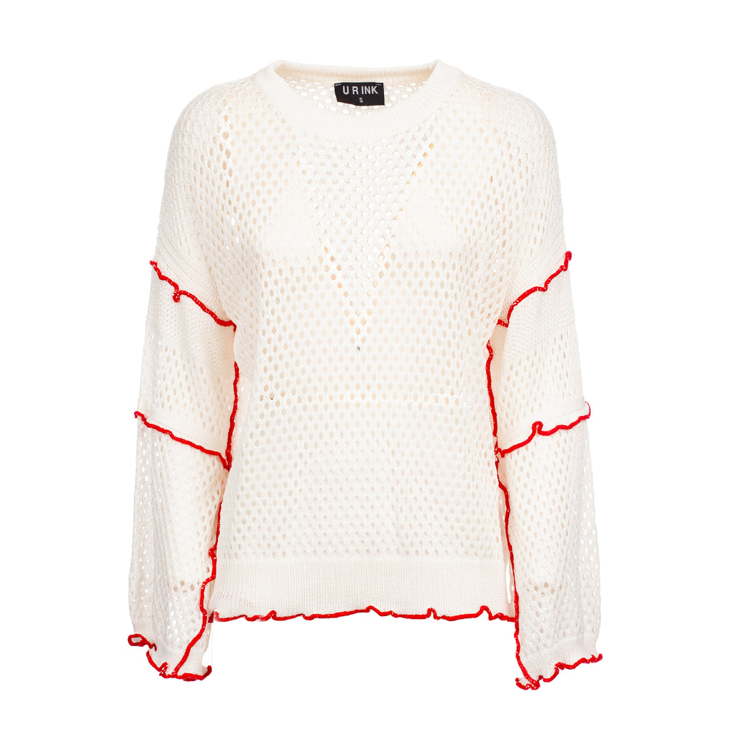 White sweater with red accents on a white background