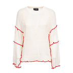 White sweater with red accents on a white background