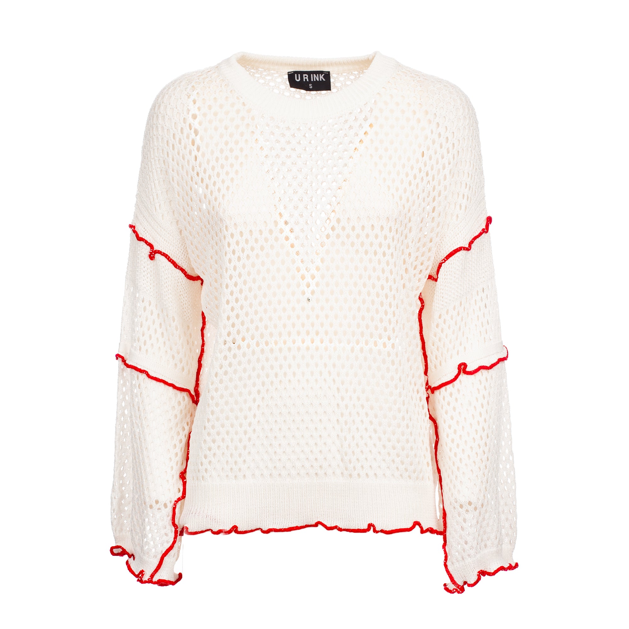 White sweater with red accents on a white background
