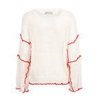 White sweater with red accents on a white background