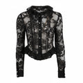 A black sheer lace long-sleeve blouse with a ruffled collar, button-front bodice, and ruffled hem, shown on a plain white background.