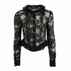 A black sheer lace long-sleeve blouse with a ruffled collar, button-front bodice, and ruffled hem, shown on a plain white background.