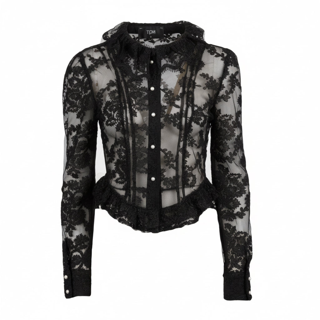 A black sheer lace long-sleeve blouse with a ruffled collar, button-front bodice, and ruffled hem, shown on a plain white background.