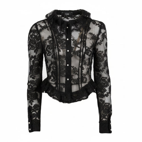 A black sheer lace long-sleeve blouse with a ruffled collar, button-front bodice, and ruffled hem, shown on a plain white background.