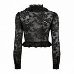 Black sheer floral lace long-sleeve crop top with a ruffled high neck and ruffled hem, shown from the back on a white background.