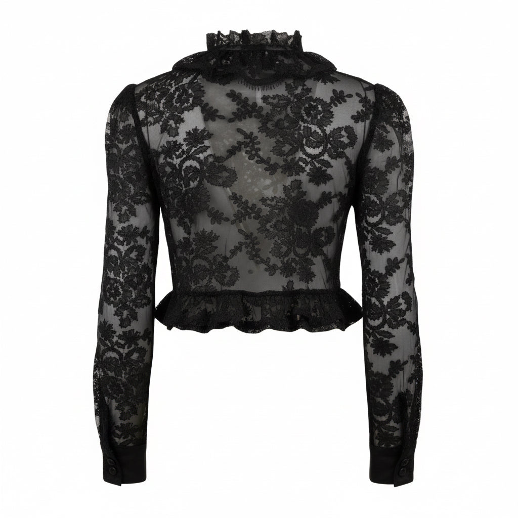 Black sheer floral lace long-sleeve crop top with a ruffled high neck and ruffled hem, shown from the back on a white background.