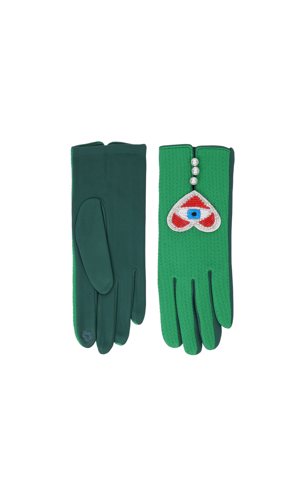 A pair of green knit gloves displayed flat against a white background. The left glove shows the smooth back, and the right glove shows the textured palm side with a decorative wrist patch featuring a red heart, white pearls, and a blue eye motif.