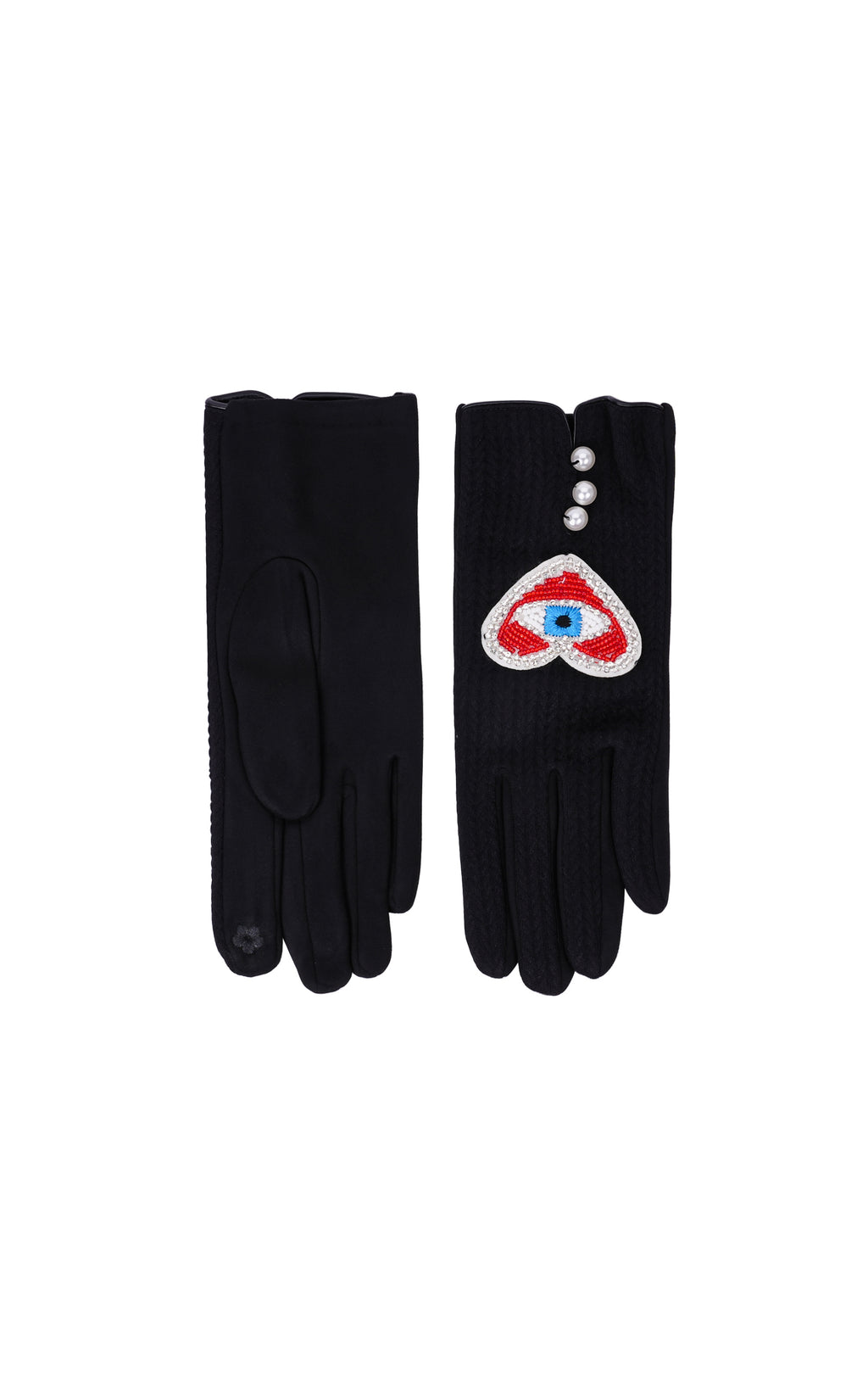 A pair of black knit gloves shown flat against a white background. One glove displays a large embroidered red, white, and blue heart patch with a central eye motif, and the other shows a smooth black back with a thumb loop.