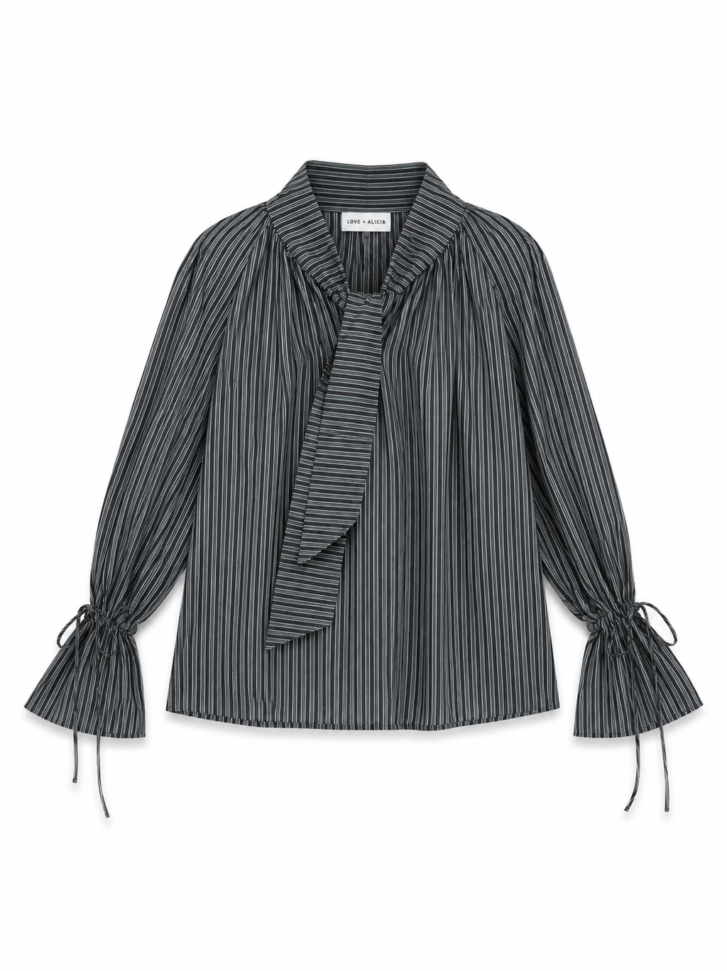 A dark gray and black vertically striped long-sleeve blouse with a tie-neck detail and gathered tie cuffs, shown flat on a white background.