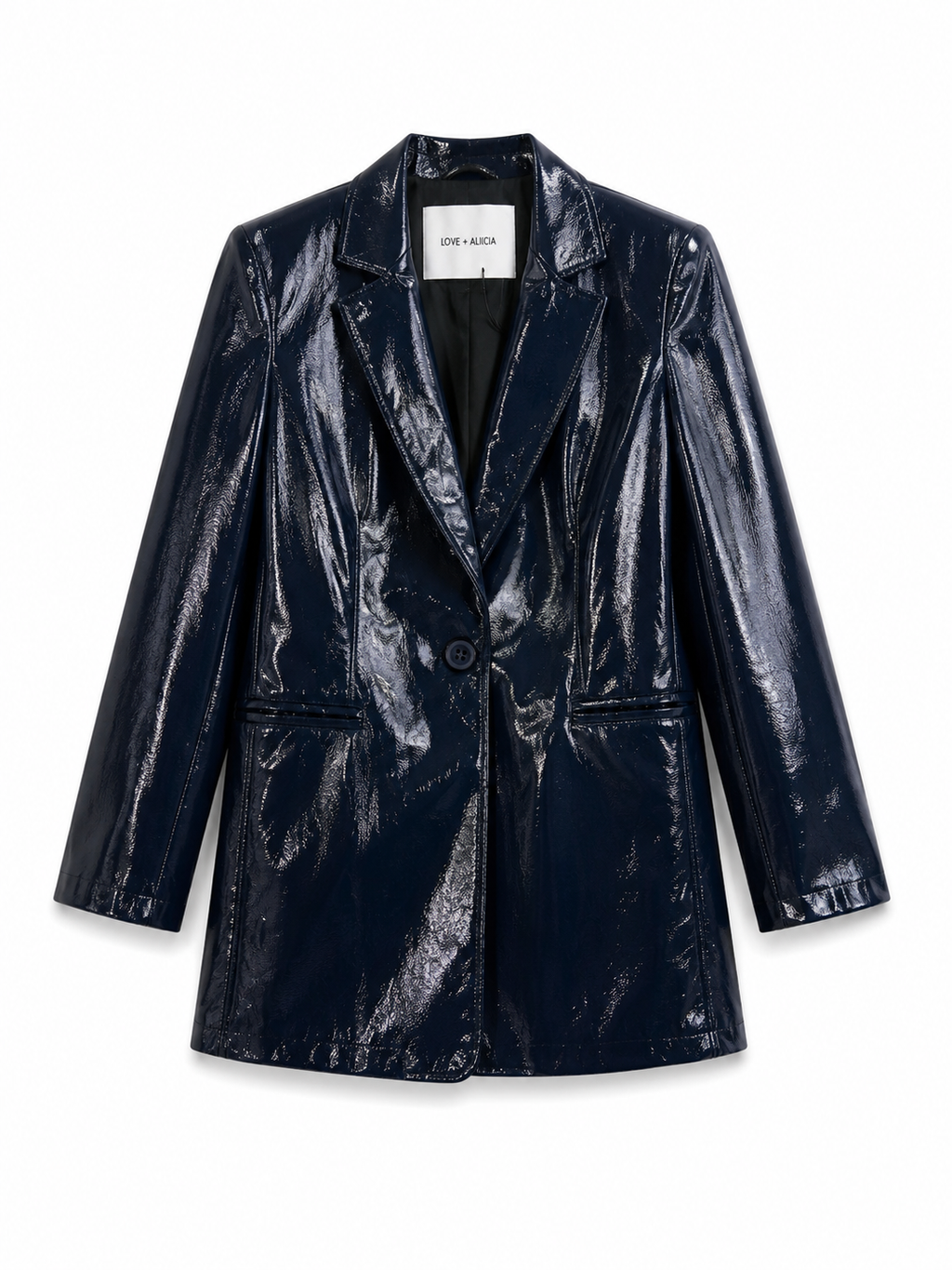 A shiny navy blue blazer with a glossy patent-like finish, featuring notch lapels, a single front button, and flap pockets, shown on a plain white background.