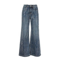 A pair of wide-leg denim pants in a faded blue wash with vertical whiskering and subtle distressing, shown against a plain white background.