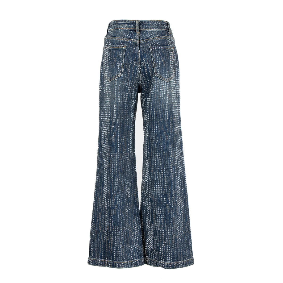A pair of high-waisted, wide-leg jeans in a textured blue denim wash, shown from the back on a plain white background.