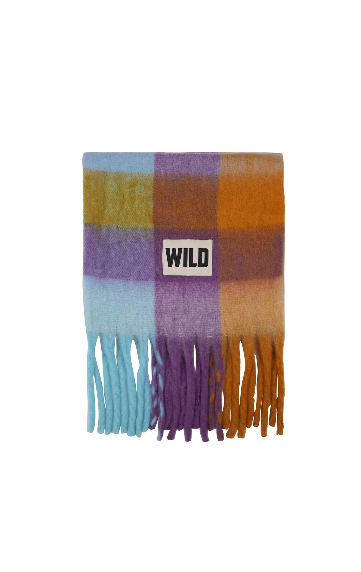 A multicolor plaid scarf with fringe ends, featuring blocks of light blue, purple, orange, and mustard yellow, with a white label reading 'WILD' in the center.