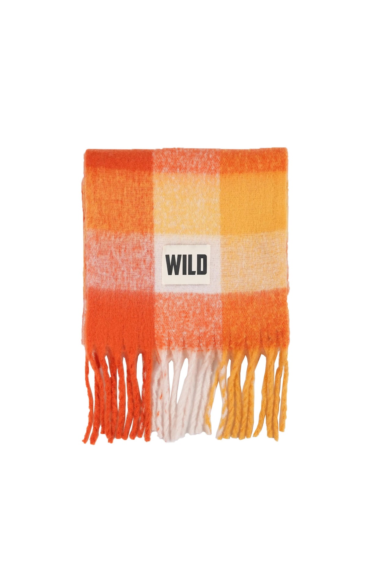 A striped knit scarf with fringe, featuring orange, yellow, and white stripes, with a central white label that reads 'WILD'.