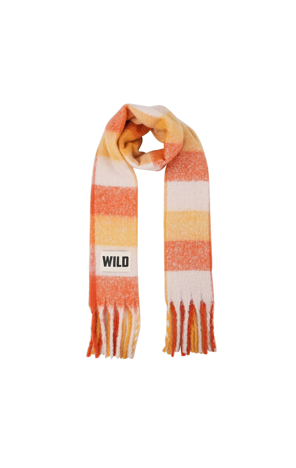 A striped knit scarf with orange, yellow, and off-white horizontal bands, featuring fringe ends and a white patch with the brand name 'WILD' printed in black.
