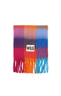 A multicolor striped knit scarf with fringe ends and a white square patch in the center that reads 'WILD' in black text, shown on a plain white background.