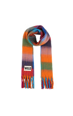 A multicolor striped scarf with fringe ends and a white rectangular patch reading 'WILD' on a plain white background.