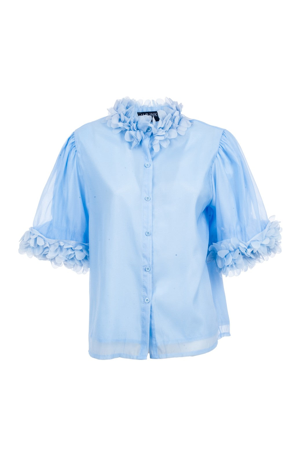 Light blue blouse with ruffled details on a white background