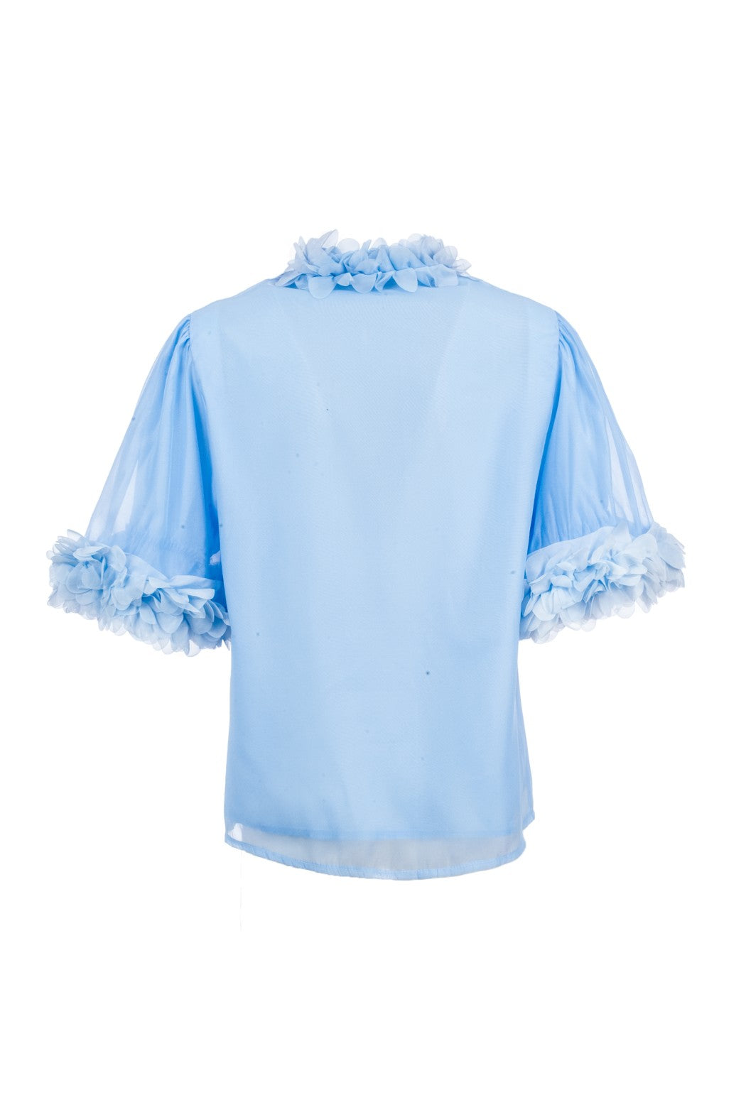 Light blue blouse with ruffled details on a white background