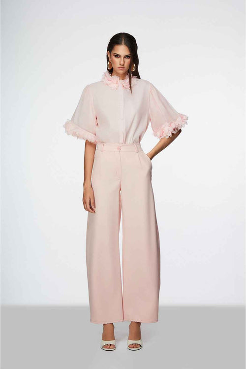 Woman wearing a light pink outfit with sheer sleeves on a white background