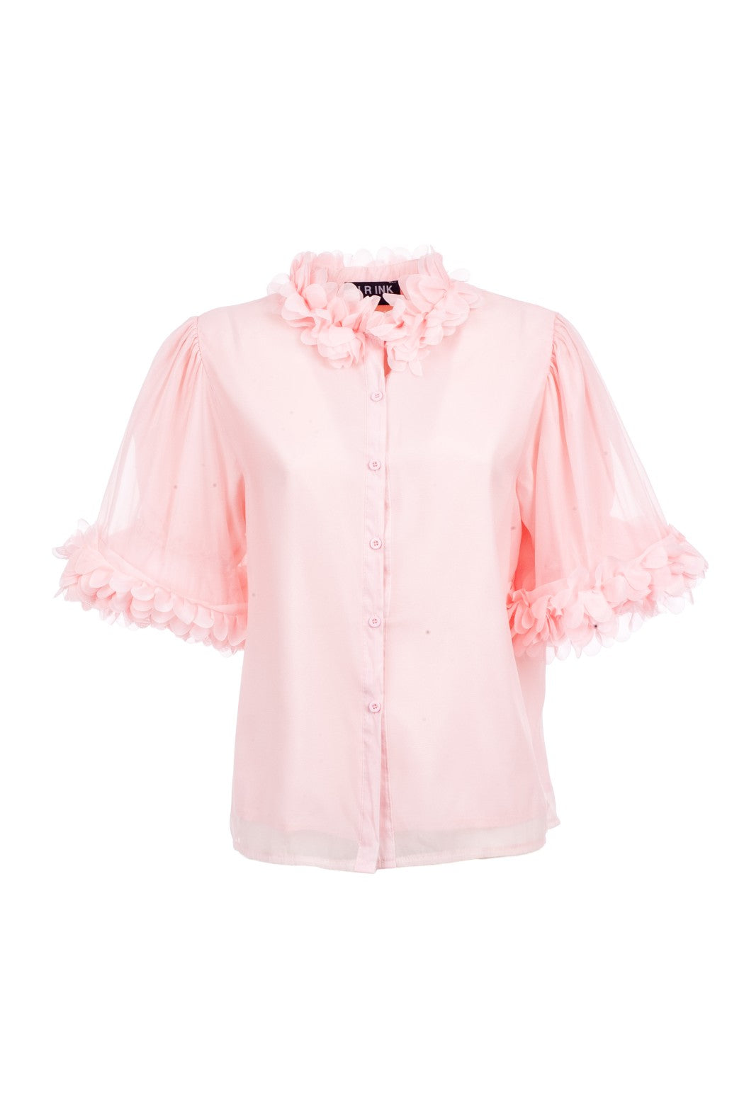 Pink blouse with ruffled sleeves on a white background