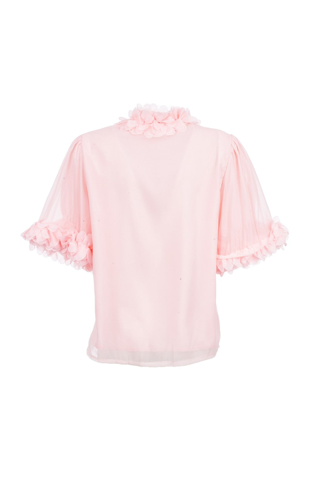 Pink blouse with ruffled sleeves and collar on a white background