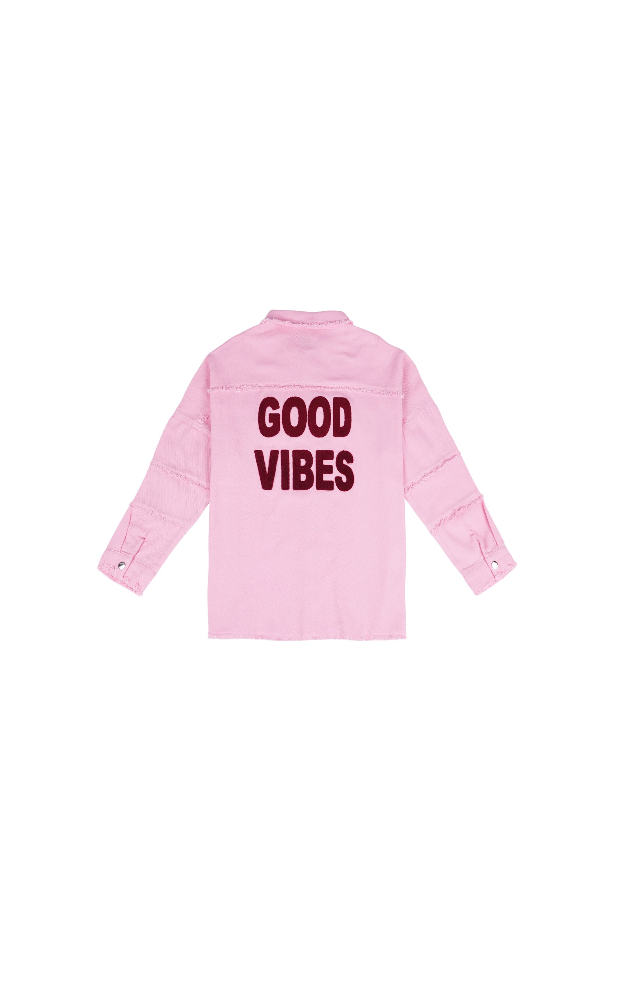 Pink jacket with 'GOOD VIBES' text on a white background