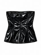 A black glossy faux-leather corset-style top with structured panels and a ruffled waistband, shown against a plain white background.