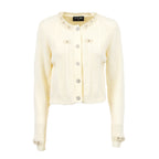 U R INK Lalin cream ribbed cardigan with decorative buttons and pearl-style embellishments at the neckline and cuffs, front view.