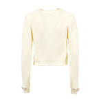 U R INK Lalin cream ribbed cardigan with decorative buttons and pearl-style embellishments at the neckline and cuffs, back view.
