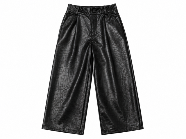 Black faux-crocodile leather cropped pants with a high waist and wide legs, shown flat on a white background.