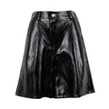 A black faux-leather A-line skirt with a high waist, button closure, and front pleats, shown against a plain white background.