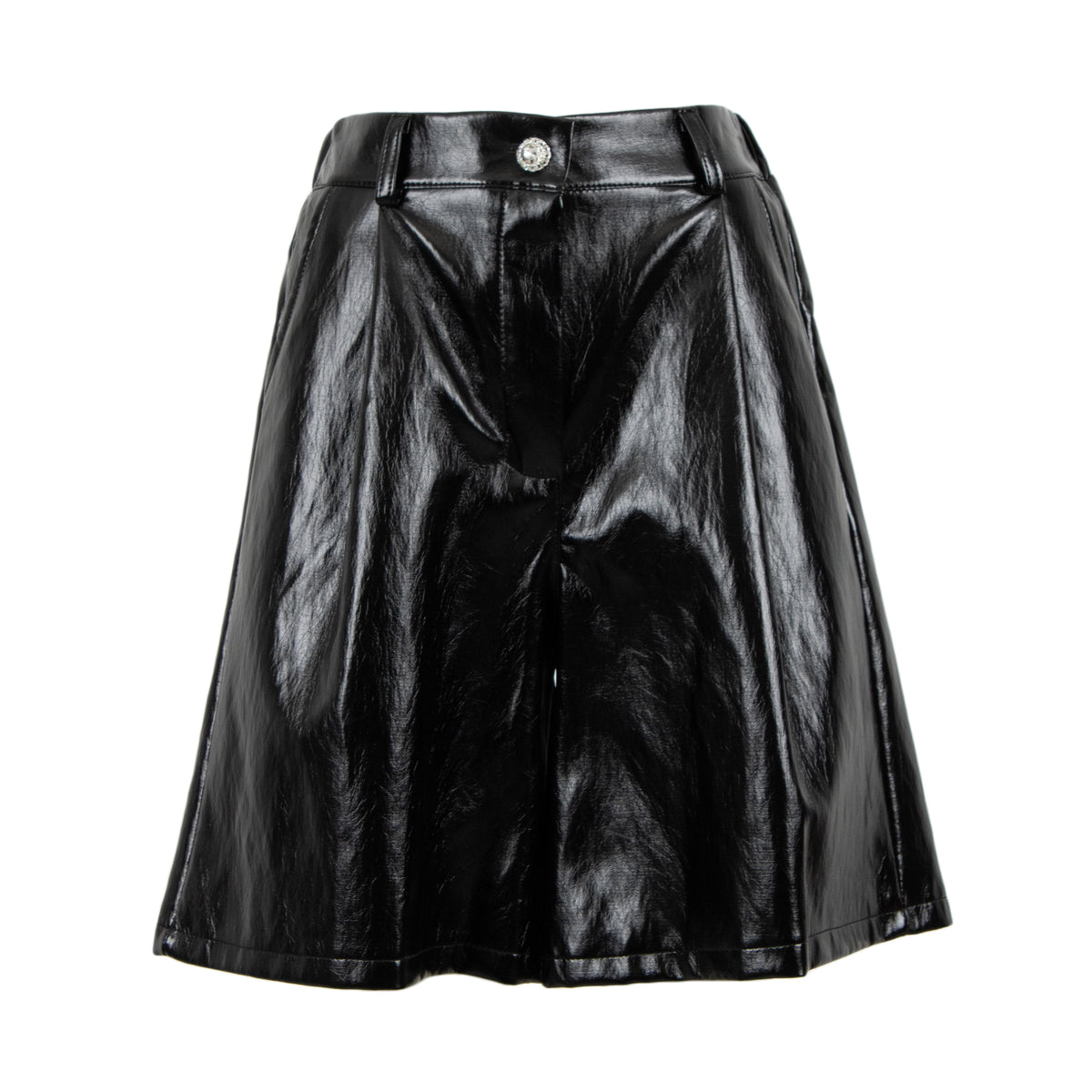 A black faux-leather A-line skirt with a high waist, button closure, and front pleats, shown against a plain white background.