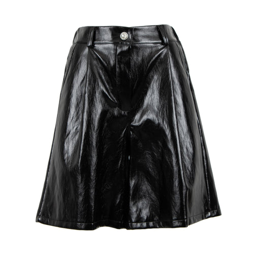A black faux-leather A-line skirt with a high waist, button closure, and front pleats, shown against a plain white background.