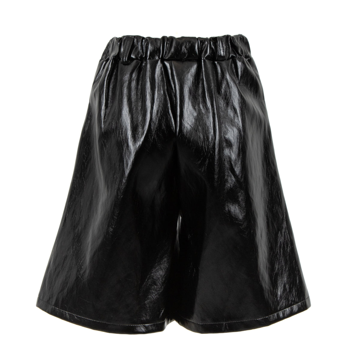 Black shiny faux-leather shorts with an elastic gathered waistband, shown against a plain white background.