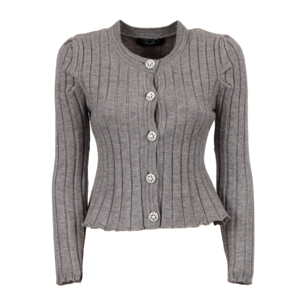 A gray ribbed knit cardigan sweater with puffed sleeves, a round neckline, and decorative silver-tone buttons down the front, shown on a plain white background.