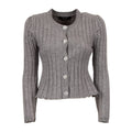 A gray ribbed knit cardigan sweater with puffed sleeves, a round neckline, and decorative silver-tone buttons down the front, shown on a plain white background.