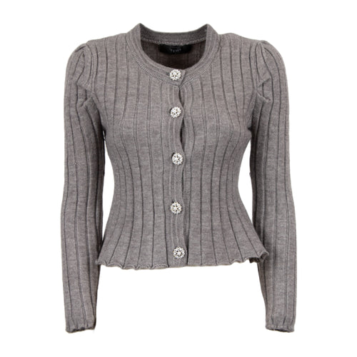 A gray ribbed knit cardigan sweater with puffed sleeves, a round neckline, and decorative silver-tone buttons down the front, shown on a plain white background.