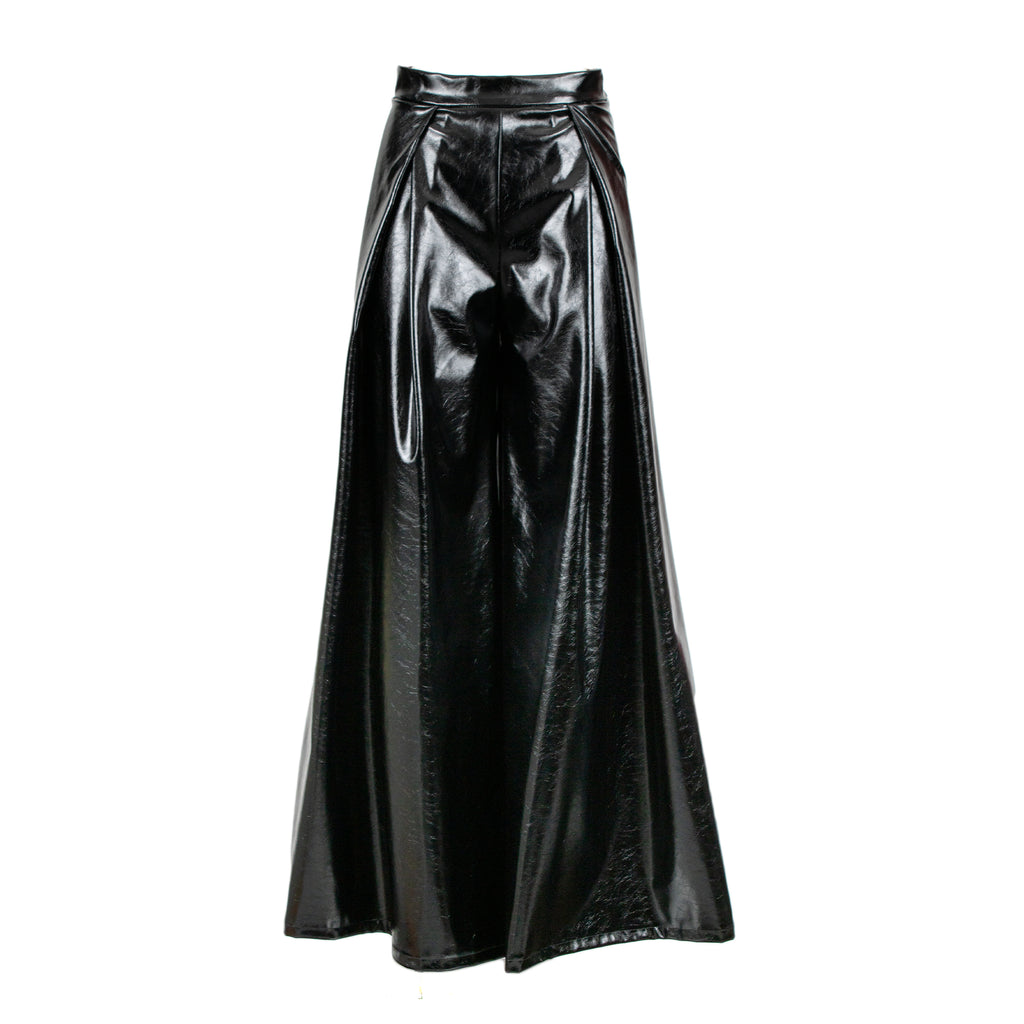 A high-waisted, floor-length black faux-leather trouser with a glossy, shiny finish and a pleated front, shown against a plain white background.