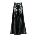 A high-waisted, floor-length black faux-leather trouser with a glossy, shiny finish and a pleated front, shown against a plain white background.
