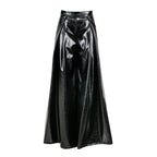 A high-waisted, floor-length black faux-leather trouser with a glossy, shiny finish and a pleated front, shown against a plain white background.