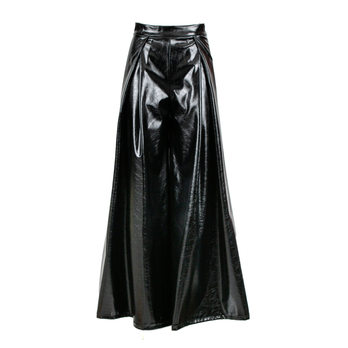 A high-waisted, floor-length black faux-leather trouser with a glossy, shiny finish and a pleated front, shown against a plain white background.