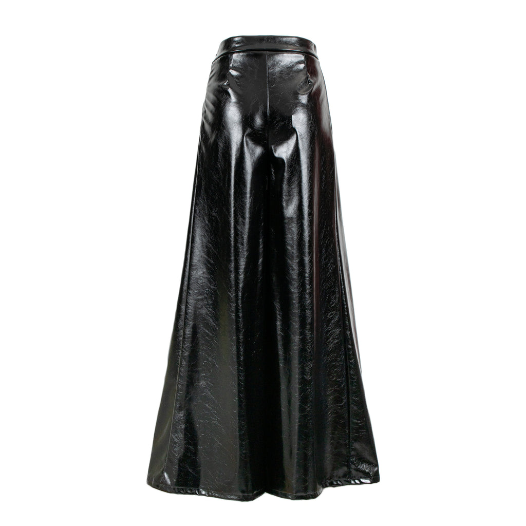 Back view of a high-waisted, floor-length black faux-leather trouser with a glossy, shiny finish and wide flared legs, shown against a plain white background.