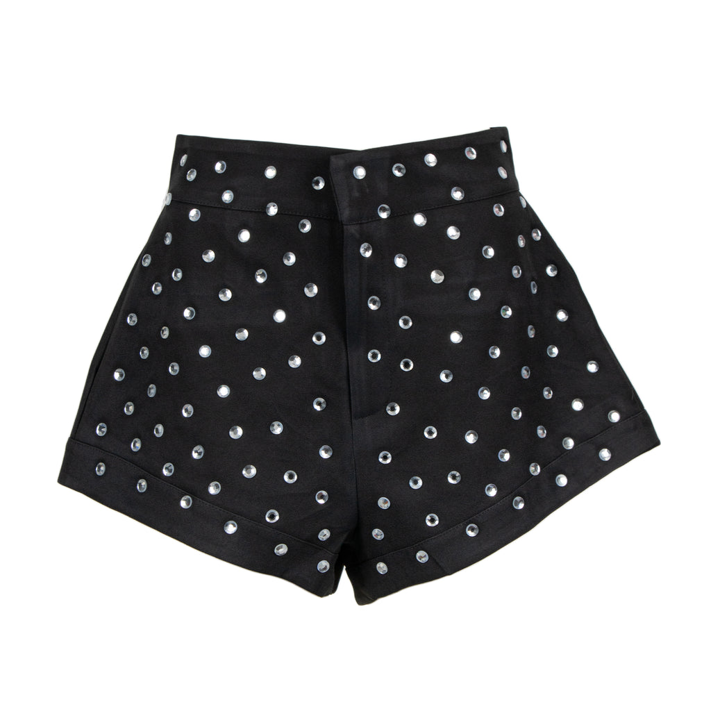 Black high-waisted shorts embellished with silver rhinestone studs, shown against a plain white background.