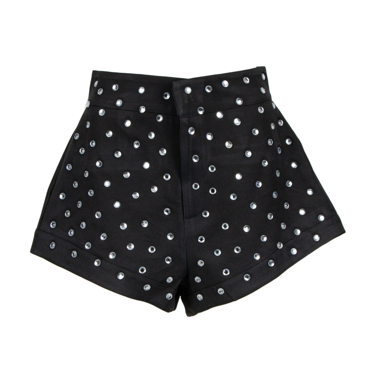 Black high-waisted shorts embellished with silver rhinestone studs, shown against a plain white background.
